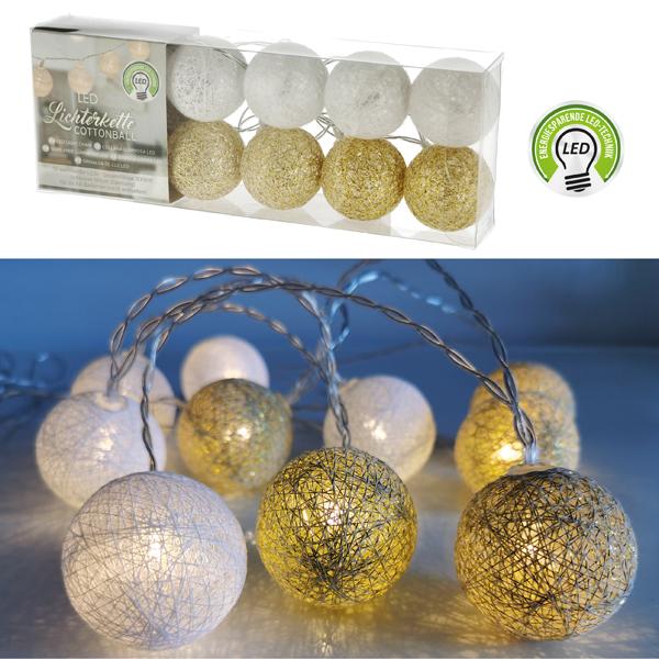 Lichterkette Cottonball Weiß/Gold